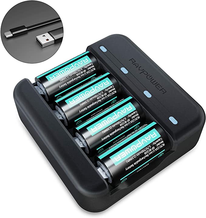 RAVPower CR123A Lithium Batteries Charger Set [Can be recharged,8 Pack] 700mAh Protected Batteries for Arlo Security Wireless Cameras VMC3030 VMK3200 VMS3330 3430 3530 Microphone Flashlight Polaroid