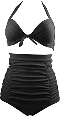 COCOSHIP Solid Black Elegant Vintage High Waisted Bikini Ruched Swimsuit Halter Swimwear(FBA)