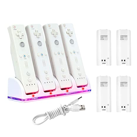 Insten 4 Port Quad Charging Station with 4 Rechargeable 2800 mAh Battery Compatible With Nintendo Wii Remote Control Dock, White