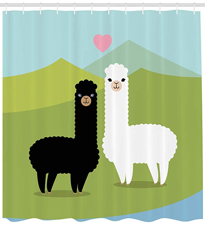 Ambesonne Llama Shower Curtain, Alpacas in Love in The Mountains Fauna Valentine's Animals with Contrasting Colors, Cloth Fabric Bathroom Decor Set with Hooks, 84 Inches Extra Long, Multicolor