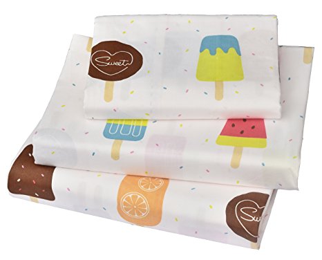 Kids Boy Girl Cute Cartoon Ice Cream Ice Lolly Popsicle, 100% Cotton 210 Thread Count 3-Pieces Twin Bedding Set, Flat Sheet + Fitted Sheet + Pillowcase (2)