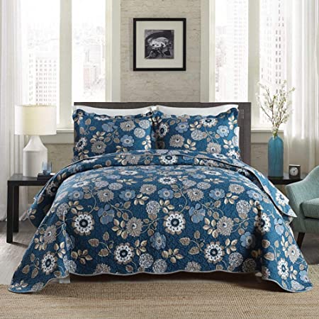 NEWLAKE Quilt Bedspread Sets-Blue Floral Secret Pattern Reversible Coverlet Set,Queen Size