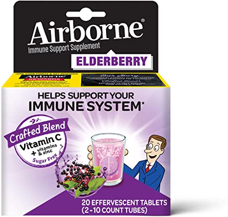 Elderberry Extract   Vitamin C - Airborne Effervescent Tablets (20 count in a box), Immune Support Supplement With Zinc & Vitamins C D E, Gluten Free, Sambucus, Antioxidant