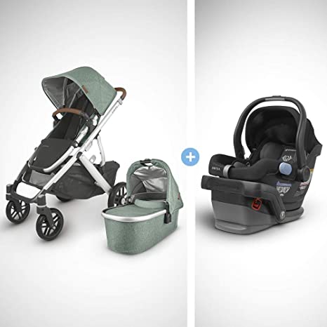 UPPAbaby Vista V2 Stroller - Emmett (Green Melange/Silver/Saddle Leather)   Mesa Infant Car Seat - Jake (Black)