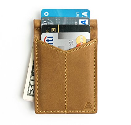 Andar Mens Leather Money Clip, Front Pocket Minimalist Card Holder RFID Blocking Wallet Made from Full Grain Leather, with Back Saving Bi-Fold Cash Clip