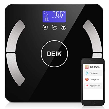 Deik Bluetooth Body Fat Scale, Smart BMI Bathroom Scale with IOS and Android App for Body Composition Analyzer 8 Users Auto Recognition, including 3 Batteries, 180kg/400lb, FDA Approved