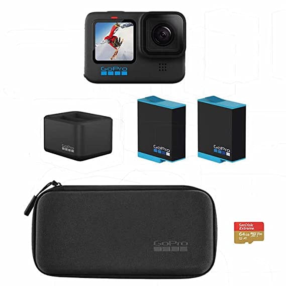 GoPro HERO10 Holiday Bundle - Waterproof Action Camera with Dual Battery Charger, Extra Battery, Compact Case and 64GB Extreme MicroSD Card Optical (Black)