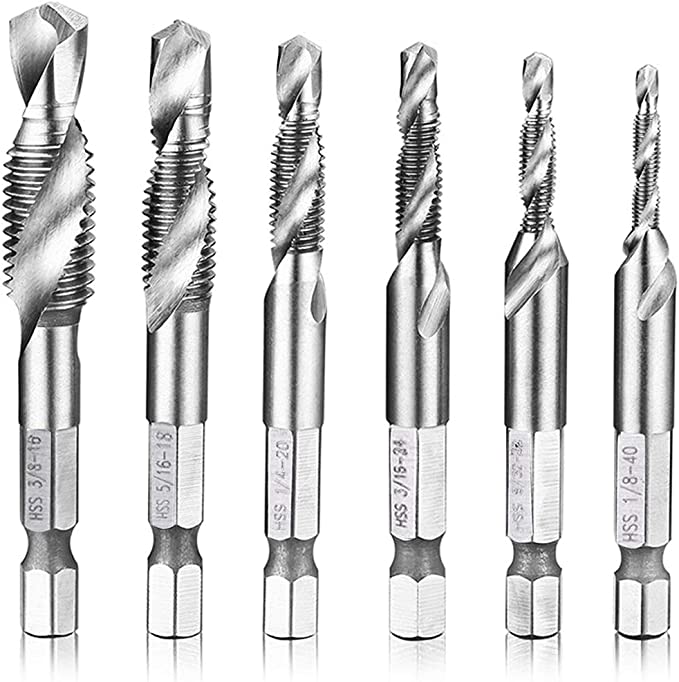 Hymnorq HSS 4341 Imperial 2-in-1 Combination Drill and Tap Bit Set Fractional Inch 1/8 Inch -3/8 Inch with 1/4 InchHex Shank and Spiral Flute Tapping Tool Set Kit Hand Tool of 6pcs