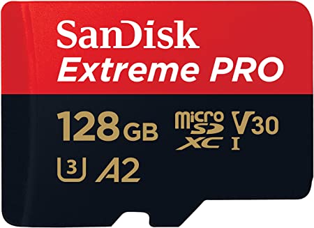 Sandisk Extreme Pro microSDXC, SQXCY 128GB, V30, U3, C10, A2, UHS-I, 170MB/s R, 90MB/s W, 4x6, SD adaptor, Lifetime Limited, Red/black (SDSQXCY-128G-GN6)