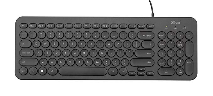 Trust Muto Wired Full Size Multimedia Keyboard for PC and Laptop, Low profile compact keyboard with Quiet Keys, UK Layout, Black