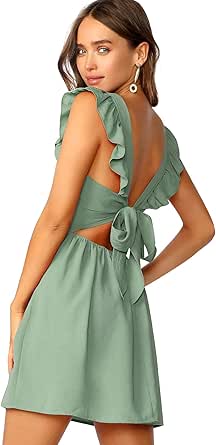 Romwe Women's Cute Tie Back Ruffle Strap A Line Fit and Flare Flowy Short Dress Green XL