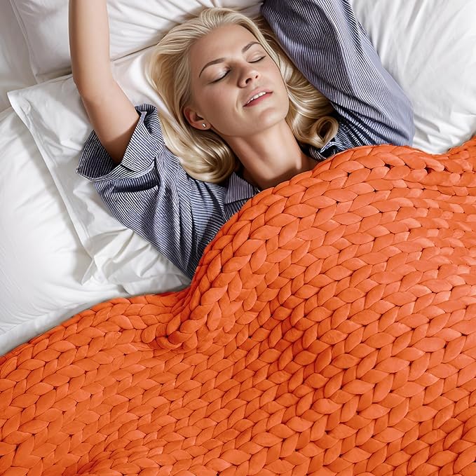 Weighted Idea Knitted Weighted Blanket Twin Size(48" x 72", 12lbs, Orange) Handmade Minky Throw Blanket for Adults, Soft and Chunky, Best Gift for Christmas