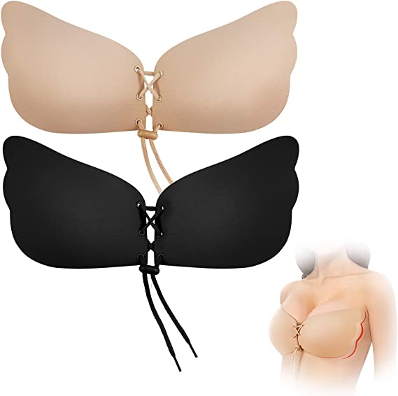 Bafully Invisible Adhesive Strapless Bra 2 Pack Sticky Push Up Silicone Bra with Drawstring for Women A to E Cup