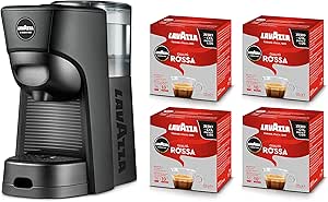 Lavazza, A Modo Mio Macchina per Caffè Tiny Eco Nera con 64 Capsule Qualità Rossa Incluse, Macchina per Espresso in Plastica Riciclata, 1450 W, 220-240 V, 50/60 Hz, 0.6 Litri