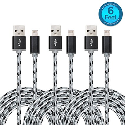 Lightning to USB Charger Cable, Flebi Nylon Braided Long Charging Cord Apple Charger for iPhone iPad iPod - 6 Feet ( 3 Pack )