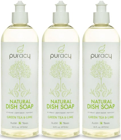 Puracy 100 Natural Liquid Dish Soap - No Sulfates SLS SLES SCS - THE BEST Dishwashing Detergent - Extra Suds - Wont Dry Your Hands Out - Vegan Gluten-Free Safe - Green Tea and Lime - Pack of 3