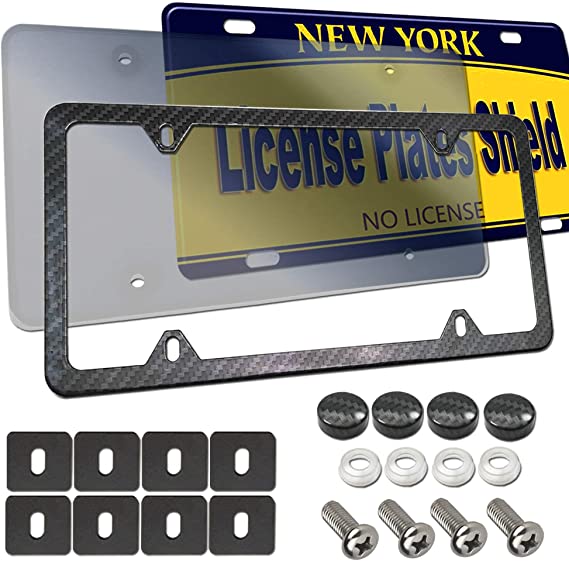 License Plate Cover Frame Combo- Carbon Fiber License Plate Frame and Flat Smoked Cover, Tinted Novelty Unbreakable Car Tag Protector for US Plate, with Stainless Steel Screws Caps, Rattle Proof Pads