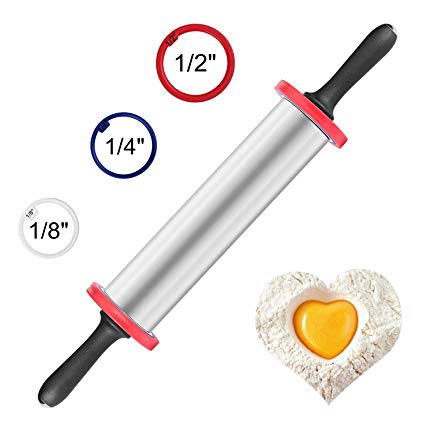 Stainless Steel Rolling Pin with Thickness Rings, 3 Adjustable Rings and Non-Stick, Rolling Pin Guides for Baking Cake Design (Stainless Steel 18.9" × 2.4")