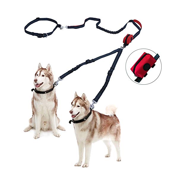 Free Paws Double Dog Leash, Hands Free Dog Walking Leashes for 2 Dogs with Waist Leash Dual Bungees Padded Handles Waste Bag, 150Lbs Fit Medium to Large Dogs