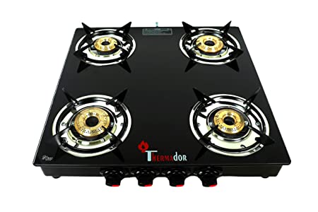 Thermador ISI Certified 8mm Toughened 4 Brass Burner Manual Ignition Open Glass Top Gas Stove, LPG Use Only (Black)