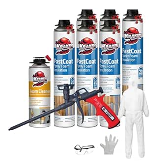 Kraken Bond Fastcoat Spray Foam Insulation Kit - (6x27.1 oz.) Closed Cell Expanding Polyurethane Foam - Heat and Acoustic Insulation, Includes Application Gun & Cleaner, 120 Board Ft, 6 Pack