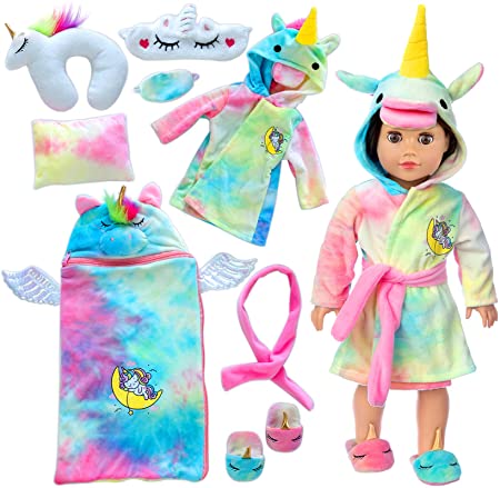 Ecore Fun American 18 inch Girl Doll Clothes and Doll Sleeping Bag Set -Unicorn-Nightgown with Matching Sleepover Masks & Pillow -Dolls Accessories for Kids-Best Gifts