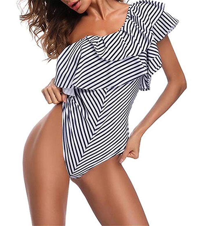 Women's Sexy One Shoulder Off Stripe One-Piece Swimwear Ruffled Flounce Backless Swimsuit