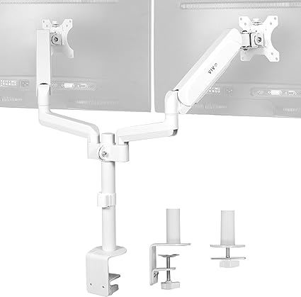 VIVO Dual Monitor Arm Mount for 17 to 32 inch Screens - Pneumatic Height Adjustment, Full Articulating Tilt, Swivel, Heavy Duty VESA Stand with Desk C-clamp and Grommet Option, White, STAND-V002KW