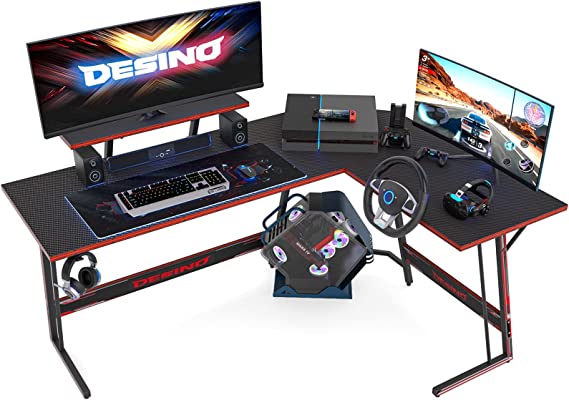 DESINO L Shaped Gaming Desk 150 x 120 cm, Ergonomic Computer Corner Gaming Desk, Large PC Writing Table with Monitor Stand, Stable Metal Legs Gamer Workstation for Home Office, Black
