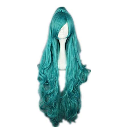 COSPLAZA Women's Long Blue Green Curls Deep Wave Halloween Anime Cosplay Costume Wig with Clip On Pony