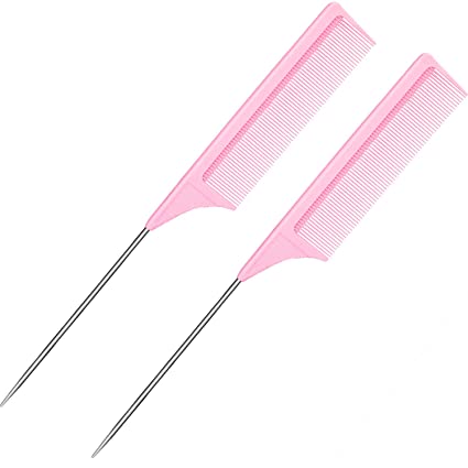 2 Pieces Tail Combs Carbon Fiber Teasing Combs Rat Tail Lifting Combs Styling Combs for Hair Salon or Home Supplies (Pink)