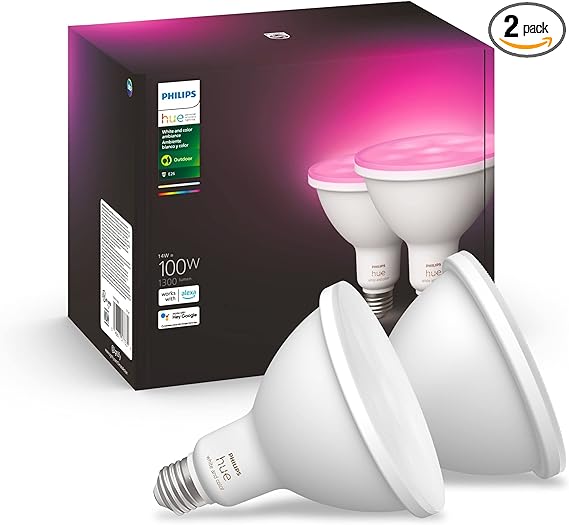 Philips Hue Smart 100W PAR38 LED Bulb - White and Color Ambiance Color-Changing Light - 2 Pack - 1300LM - E26 - Outdoor - Control with Hue App - Works with Alexa, Google Assistant and Apple Homekit