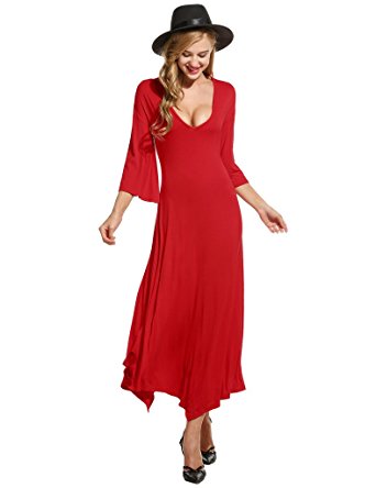 ANGVNS Womens Sexy V Neck Maxi Dress Ruffle Sleeves Casual Long Dress