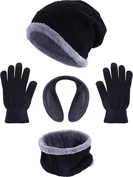 Tatuo 4 Pieces Ski Warm Set Includes Winter Hat Scarf Warmer Gloves Winter Outdoor Earmuffs for Adults Kids