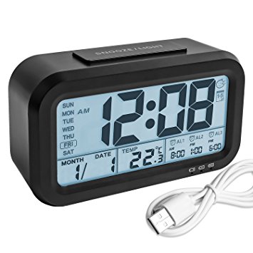 Digital Alarm Clock, YouCoulee Backlight LCD Morning Clock with Thermometer Calendar Large Display Smart Nightlight Soft Light Snooze, Battery Operated with USB Charger Black