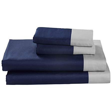 Rivet Color Block 100% Supima Cotton Sheet Set, Queen, Navy/Cloud Blue