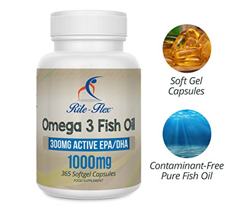 Omega 3 Fish Oil 1000mg 365 Soft Gel Capsules by Rite Flex (1 Year Supply)