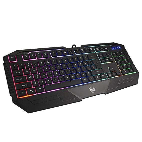 PICTEK Wired Gaming Keyboard Backlit LED Keyboard Computer PC Mac Laptop Gaming Keyboard, 26 Keys Anti-Ghosting, Ergonomic Wrist Rest, Waterproof Keyboard for Gamers Typists (Rainbow LED Backlit)