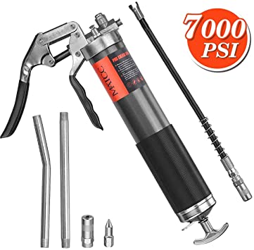 MATCC Grease Gun Heavy Duty Pistol Grip Automotive Grease Gun Kits 7000psi with Grease Gun Fittings 18inch Flex Hose,2 Metal Pipe,2 Reinforced Coupler Grease Gun Tip