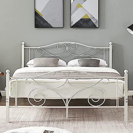 VECELO Full Size Metal Bed Frame with Headboard and Footboard, Heavy Duty Steel Slat Support, Platform Mattress Foundation, No Box Spring Needed, Easy Assembly, White