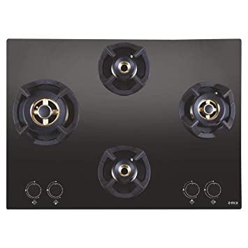 Elica Hob 4 Burner Auto Ignition Glass Top - 1 Dual, 1 Medium and 2 Small Full Brass Gas Stove (Classic Flexi FB MFC 4B 70 MT) Black