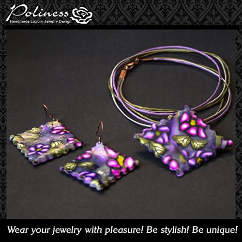 Unique handmade ravioli purple pendant and earrings made with polymer clay in Millefiori technique