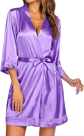 Ekouaer Silk Robes for Women Sexy Kimono Lingerie Bridesmaid Party 3/4 Sleeve Lace Bathrobe