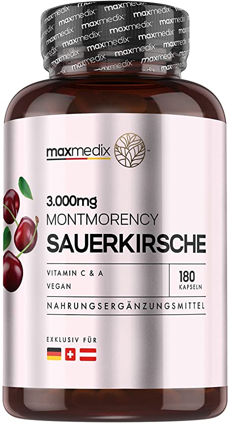 Montmorency Sauerkirsche Kapseln - 3000mg Sauerkirschen 10:1-180 Cherry Kapseln - Natürliche Inhaltsstoffe & Laborgeprüft in Deutschland - Für Veganer & Vegetarier - Kirschextrakt - Von MaxMedix