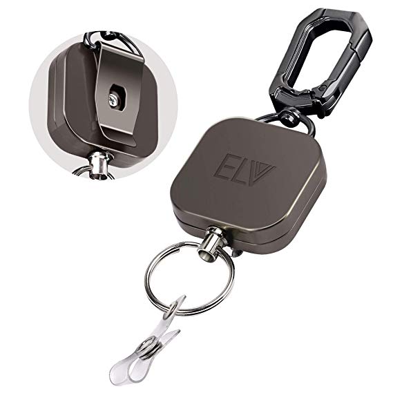 E LV Retractable ID Badge Holder | Heavy Duty Metal Body & Steel Cord | Carabiner Key Chain | Metal Keychain with Belt Clip and 24" Wire Extension | Hold Up to 15 Keys and Tools