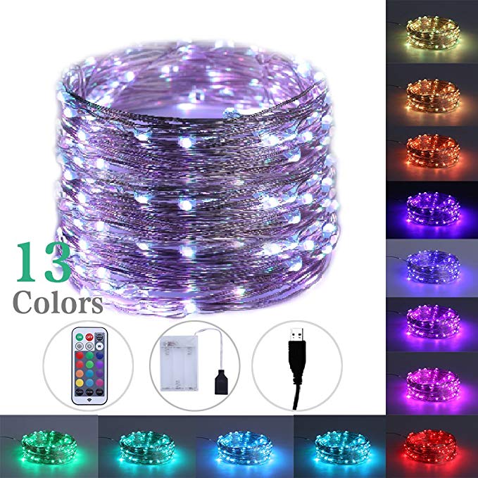 LEGELITE RGB 13Color LED Fairy Light with USB and Battery Case, RF Control LED String Lights 33ft 100 Led for Bedroom, Patio, Garden, Gate, Yard, Parties, Wedding, Indoor and Outdoor Decorations