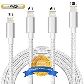 Aonsen Lightning Cable 4Pack 3FT 6FT 6FT 10FT Nylon Braided Certified iPhone Cable USB Cord Charging Charger for Apple iPhone 7, 7 Plus, 6, 6s, 6 , 5, 5c, 5s, SE, iPad, iPod Nano, iPod Touch (Silver)