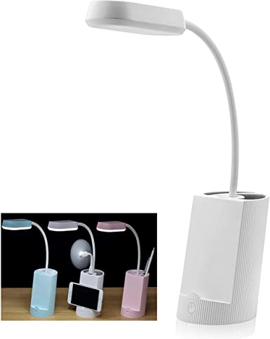 LED Desk Lamp with USB Charging Port, Pencil and Phone Holder Multi-Functional Study and Reading Lamp for Bedroom and Office with 3 Modes of Brightness - White
