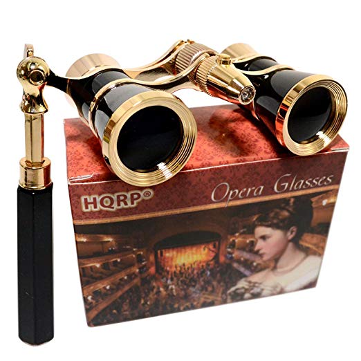 HQRP Opera Glasses s w/Crystal Clear Optic (CCO) 3 x 25 with Built-in Foldable Handle and Red Reading Light (Black with Gold)