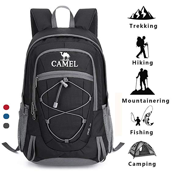 Camel Waterproof Hiking Backpack Women Men Lightweight Daypack Travel Outdoor Camping Trekking (30L,Black)